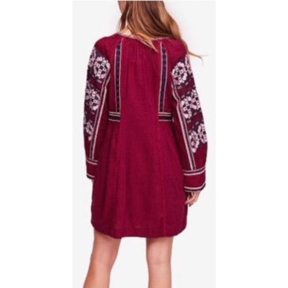 Free People Santiago All My Life Embroidered Burgundy Peasant Tunic Dress Size S - Picture 2 of 8